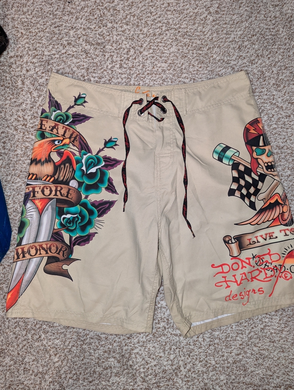 Ed Hardy Beige Graphic Eagle Death Before Dishonor Board Shorts,  Mens 36